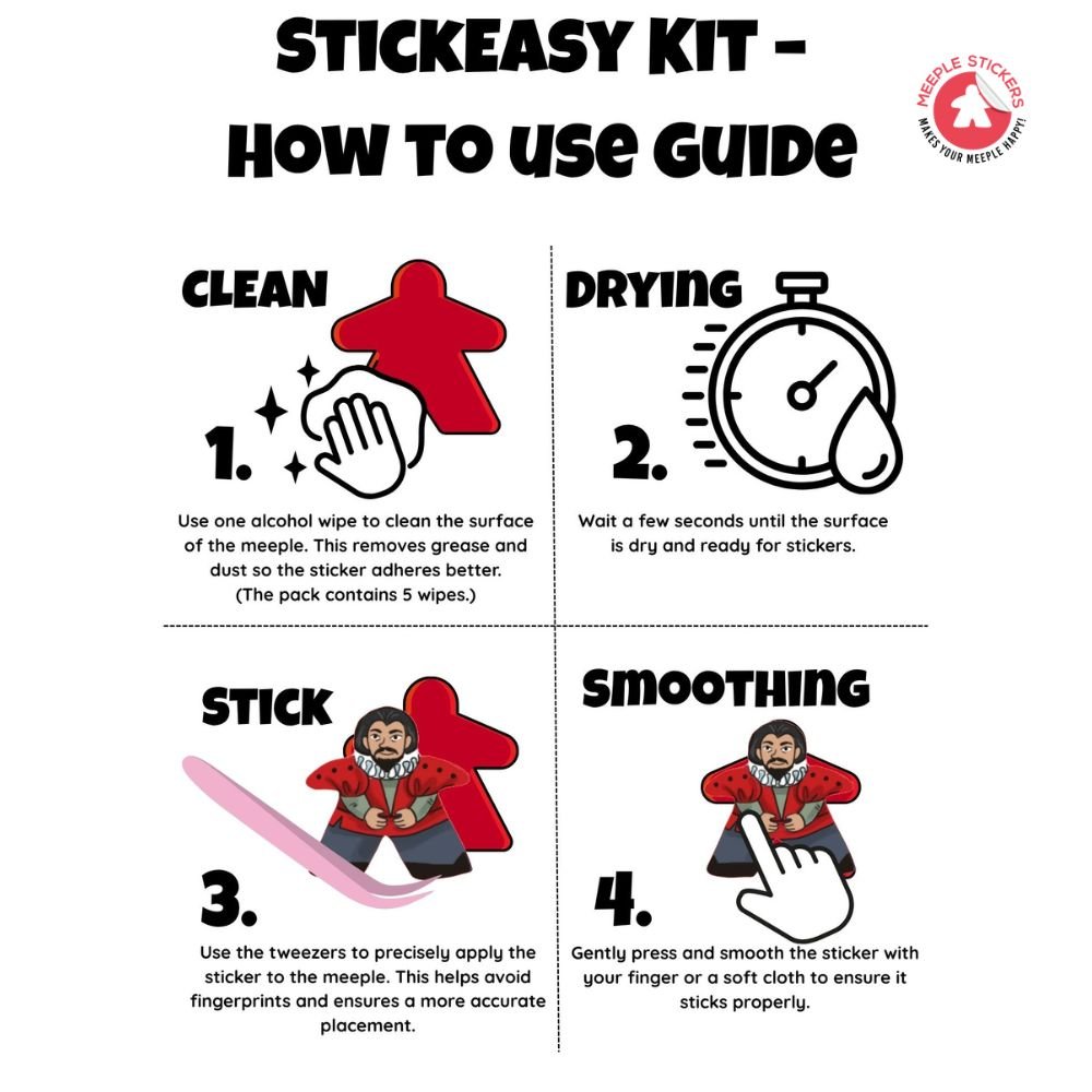 Meeple Sticker StickEasy Kit Zubehör Pinzette Alkoholtücher
